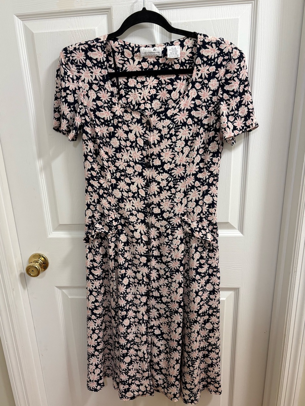vintage Liz Claiborne black short-sleeve midi dress with a pink and white floral